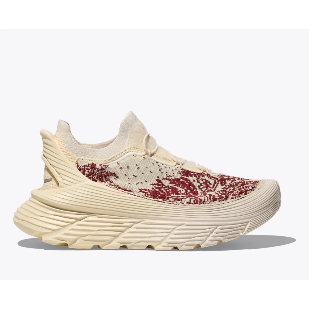 Hoka Cream and Burgundy Knit Athletic Shoe